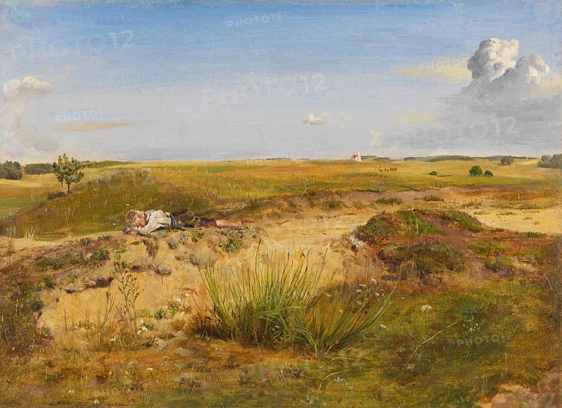 Painting, Reproduction of the painting, Work of art, Historical, Franz Seraph Lenbach, since 1882 Knight of Lenbach (born 13 December 1836 in Schrobenhausen, died 6 May 1904 in Munich), German painter, Munich painter prince, here his work:, Landscape with sleeping shepherd boy, Wide landscape with fields, cloudy sky and meadows depicted in a painting