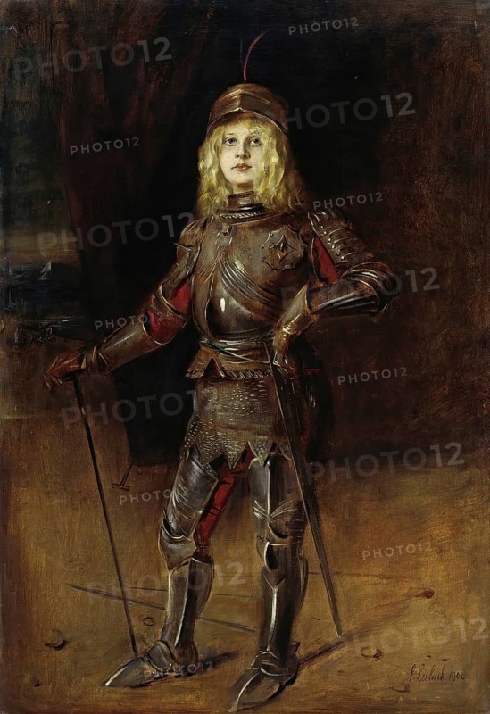 Painting, Reproduction of the painting, Work of art, Historical, Franz Seraph Lenbach, since 1882 Knight of Lenbach (born 13 December 1836 in Schrobenhausen, died 6 May 1904 in Munich), German painter, Munich painter prince, here his work:, Marion Lenbach in knight's armour (1902), Daughter of the painter in knight's armour, A boy in medieval armour stands proudly in a dark room