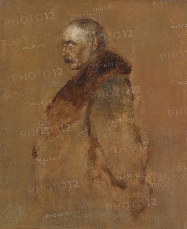 Painting, Reproduction of the painting, Work of art, Historical, Franz Seraph Lenbach, since 1882 Knight of Lenbach (born 13 December 1836 in Schrobenhausen, died 6 May 1904 in Munich), German painter, Munich painter prince, here his work:, Chlodwig Carl Viktor Prince of Hohenlohe-Schillingsfürst, Prince of Ratibor and of Corvey (born 31 March 1819 in Rotenburg an der Fulda, died 31 July 1901 in Bad Ragaz in Switzerland), was a German politician and from 1894 to 1900 Reich and Prussian Prime Minister. July 1901 in Bad Ragaz in Switzerland), was a German politician and Imperial Chancellor and Prussian Prime Minister from 1894 to 1900, Lateral portrait of a man in a fur coat with simple colours