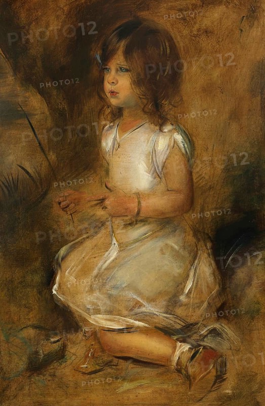 Painting, Reproduction of the painting, Work of art, Historical, Franz Seraph Lenbach, since 1882 Knight of Lenbach (born 13 December 1836 in Schrobenhausen, died 6 May 1904 in Munich), German painter, Munich painter prince, here his work:, Gabriele Lenbach kneeling in the grass (1902-1903), A young girl kneels playfully on the ground, carried by soft coloured tones and an innocent expression