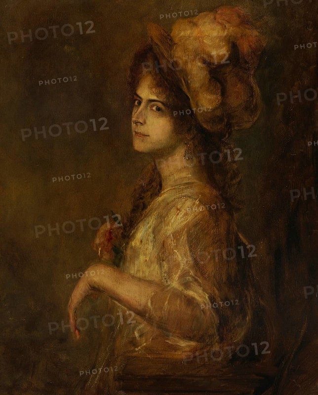 Painting, Reproduction of the painting, Work of art, Historical, Franz Seraph Lenbach, since 1882 Knight of Lenbach (born 13 December 1836 in Schrobenhausen, died 6 May 1904 in Munich), German painter, Munich painter prince, here his work:, Marion Franchetti (1903), Woman in portrait with hat and flower, in brown tones