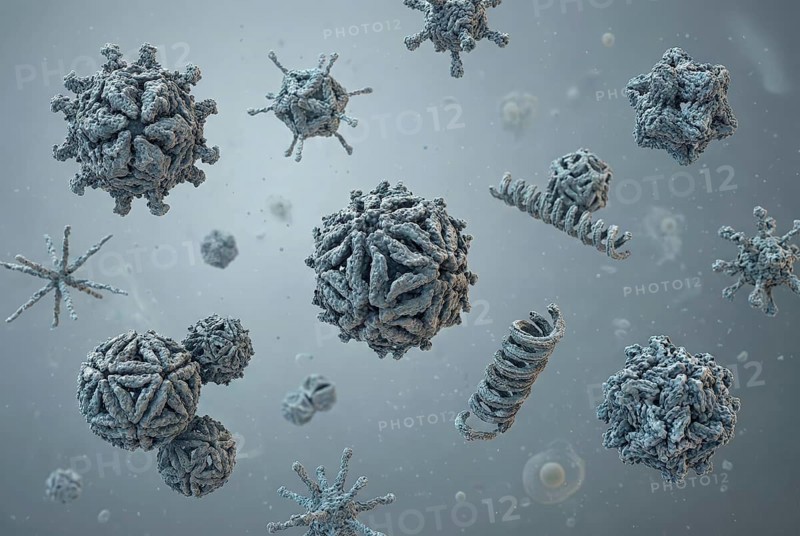 Conceptual microscopic visualisation of newly discovered, genetically unknown viruses (viral dark matter) in the human microbiome, represented by novel, complex virus structures. Virology, infectiology, gastroenterology, microbiome research, molecular biology, genetics, AI generated