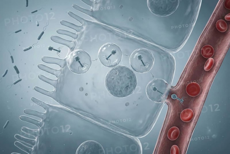 High-resolution visualisation of transcytosis: bacteriophages (viruses) naturally pass through the epithelial cell layer of the intestine to enter the deeper human tissue and blood system. Virology, infectiology, microbiology, antibiotic resistance, pneumology, AI generated