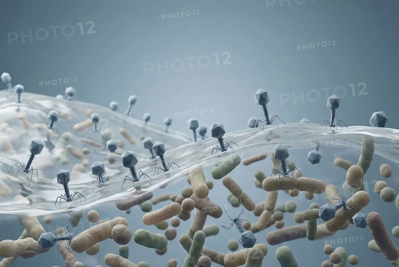 A balanced ecosystem in the gut: billions of beneficial bacteriophages (viruses) coexist peacefully with healthy gut bacteria and the intestinal mucosa without causing disease. The healthy virome. Virology, infectiology, microbiology, antibiotic resistance, dermatology, AI generated