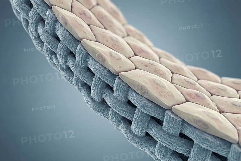 Microscopic cross-section of an artificial, biotechnologically produced heart valve, whose synthetic surface is increasingly overgrown by the body's own endothelial cells (vascular cells) . Cardiology, regenerative medicine, molecular biology, genetics, biotechnology, AI generated