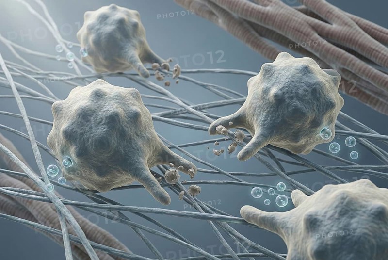 Images of healing (M2) macrophages in cardiac tissue that clear cellular debris after inflammation and promote myocardial tissue regeneration. Virology, infectiology, cardiology, regenerative medicine, pneumology, AI generated