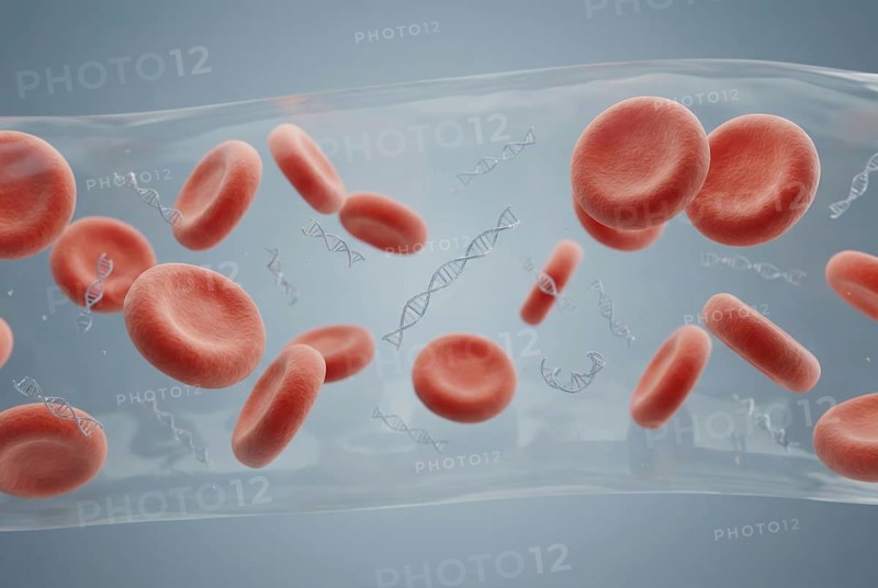Microscopic scene in the bloodstream: Tiny fragments of mutated cell-free tumour DNA (ctDNA) circulate alongside red blood cells, serving as early biomarkers for cancer diagnostics (liquid biopsy) . Oncology, immunology, immunotherapy, diagnostics, laboratory medicine, AI generated