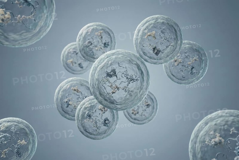 High-resolution 3D view of disease-specific exosomes that contain small pieces of RNA and proteins and are isolated as biomarkers in the bloodstream. Early cancer detection. Diagnostics, laboratory medicine, oncology, AI generated
