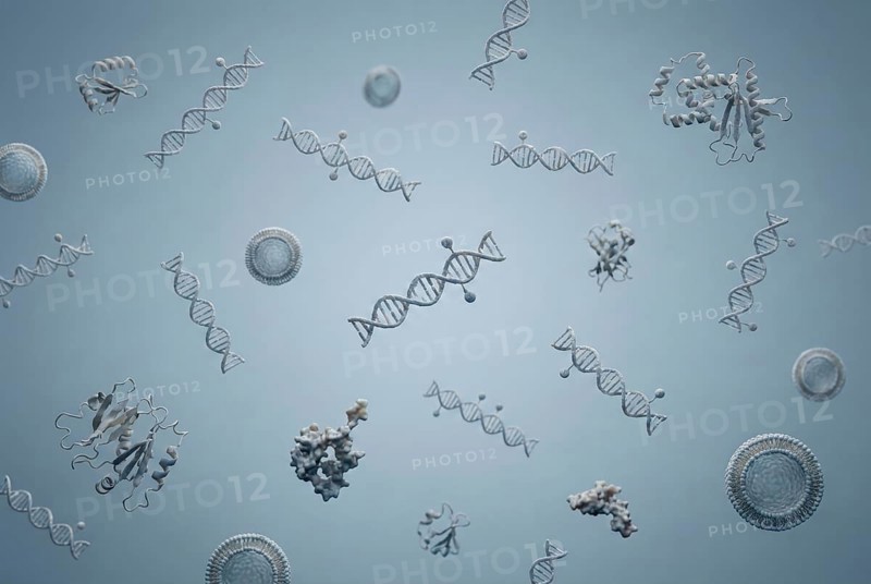 Conceptual molecular representation of various oncological biomarkers (methylation patterns, proteins, ctDNA) scanned for advanced multi-cancer screening tests. Oncology, immunology, immunotherapy, pneumology, genetics, gene therapy, diagnostics, laboratory medicine, AI generated