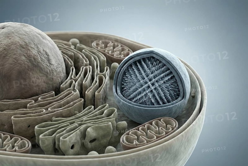 Inside view of a eukaryotic cell: researchers have implanted an artificial organelle (a synthetic, membrane-bound compartment) that carries out specific biochemical reactions in isolation from the rest of the cell. Synthetic biology, biotechnology, AI generated