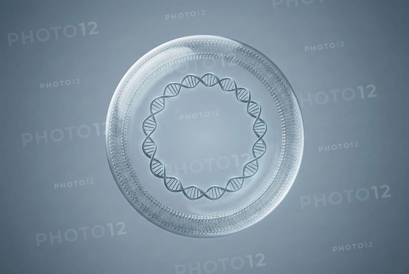 Conceptual microscopic visualization of a synthetic minimal cell: A bacterium created in a laboratory that contains only the absolutely necessary, computer-designed genes for survival. microbiology, antibiotic resistance, infectiology, molecular biology, genetics, biotechnology, synthetic biology, AI generated