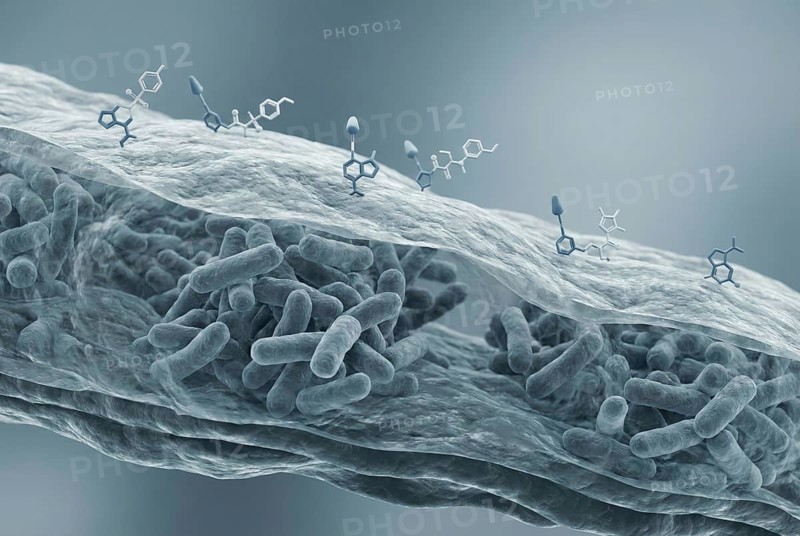 Microscopic view of a dense, impenetrable biofilm (extracellular polymeric substance) that protects a colony of multi-resistant super pathogen bacteria from antibiotics. Microbiology, antibiotic resistance, infectiology, AI generated