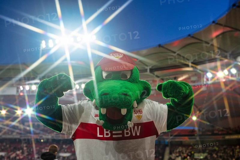 Mascot Fritzle VfB Stuttgart gesture, floodlight, star effect, interior, soccer UEFA Europa League, MHPArena, MHP Arena Stuttgart, Baden-Württemberg, Germany
