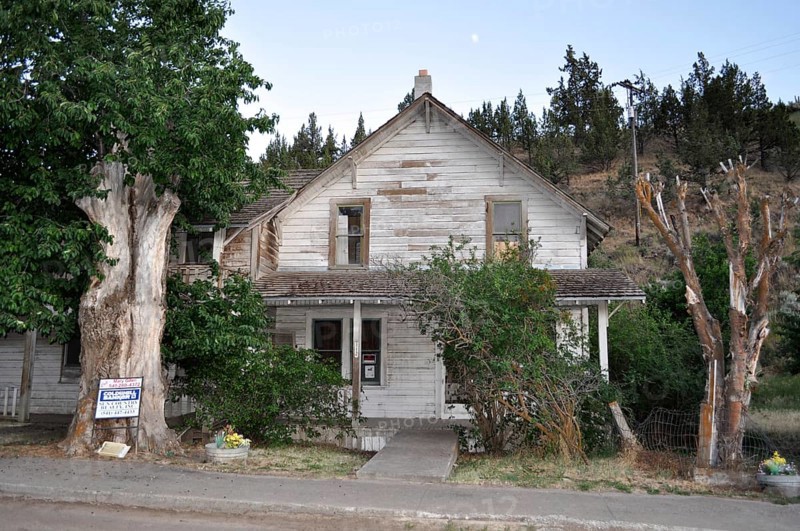 An old white wooden house with plants and trees in a small village, Mitchell, Oregon, USA
