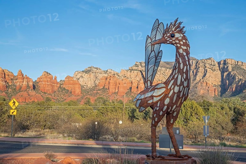 Sedona, Arizona - A 15-foot-tall sculpture of a roadrunner in a roundabout on state route 179. The work was designed by Don Kennell and Lisa Adler. It is part of Sedona's Art in the Roundabouts program