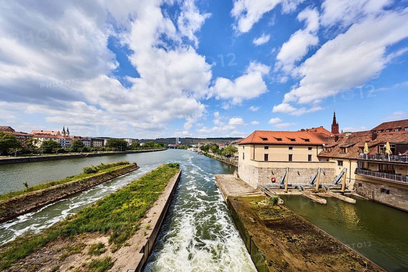 River Main, barrage, general architecture, hilly landscape, forest, total blue sky, cumulus clouds, Würzburg, Lower Franconia, district-free city, Bavaria, Germany
