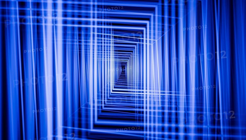 This 3D render features a striking blue tunnel illusion, created by overlapping grids that form a deep, perspective-driven corridor