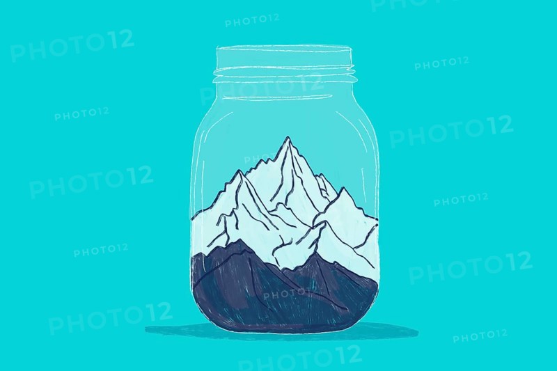 A whimsical illustration of majestic snow capped mountains encased within a glass jar against a teal background. This imaginative artwork symbolizes adventure and encapsulation
