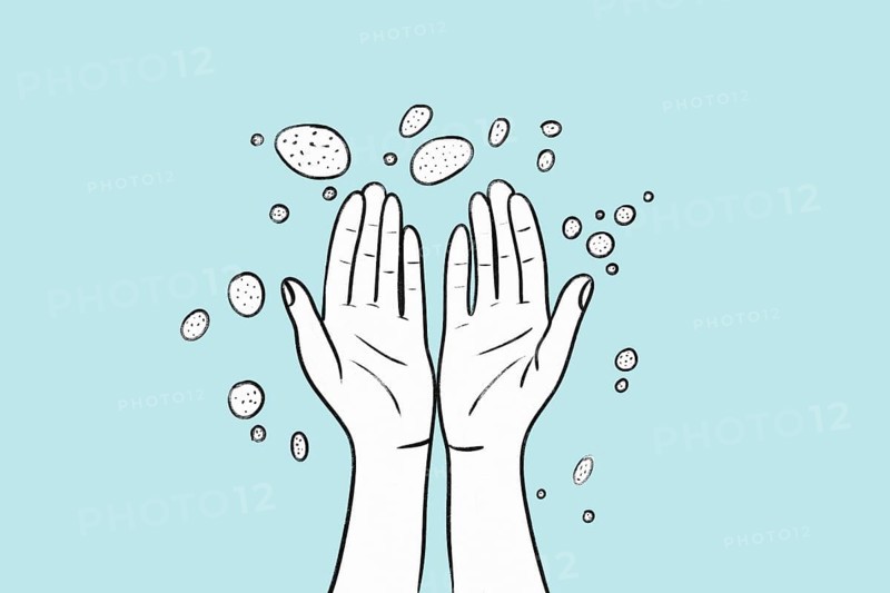A health-themed illustration depicting two hands surrounded by germs on a light blue background This image emphasizes hygiene and cleanliness in a simple, artistic style