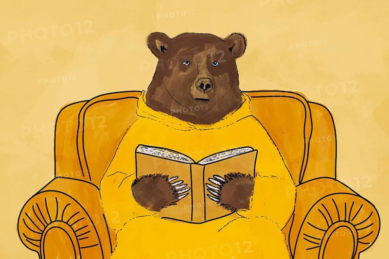 A charming illustration of a bear engrossed in a book while seated in a comfortable yellow armchair