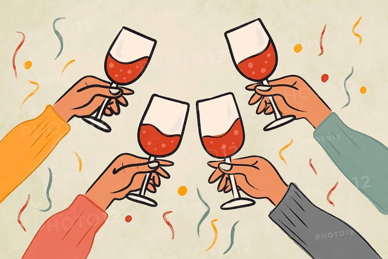 A vibrant illustration of four hands toasting with wine glasses, surrounded by colorful confetti, capturing the joyous spirit of a party celebration