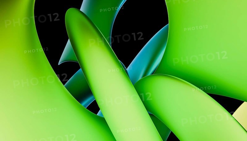 An abstract graphic featuring smooth, curvilinear forms in shades of green and lime, set against a soft gradient background with a modern, sleek finish