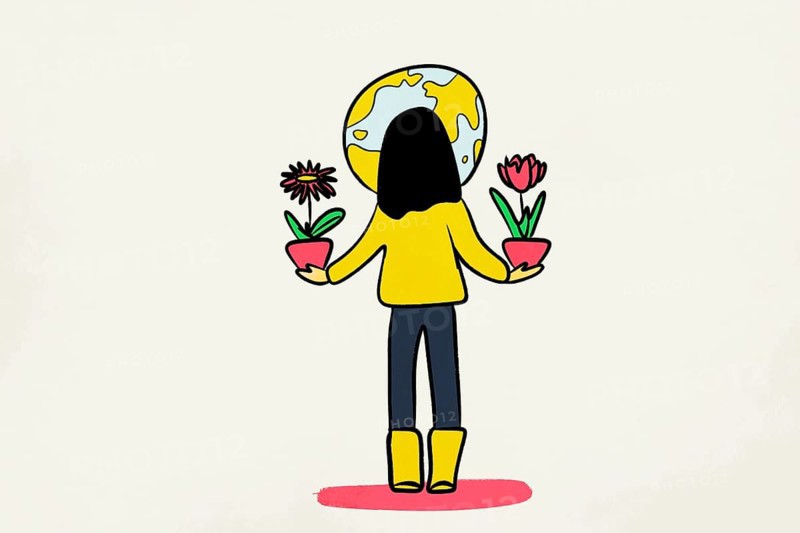 A whimsical illustration of a woman with a globe head, standing with arms outstretched, holding a flower in each hand Her bright attire contrasts with the simple background