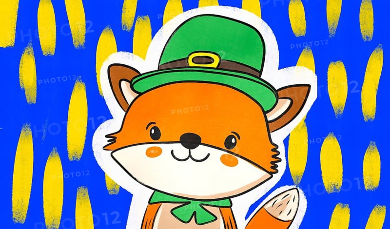 A vibrant illustration of a cartoon fox dressed in a green hat and bow tie for Saint Patrick's Day, set against a background of bold yellow shapes