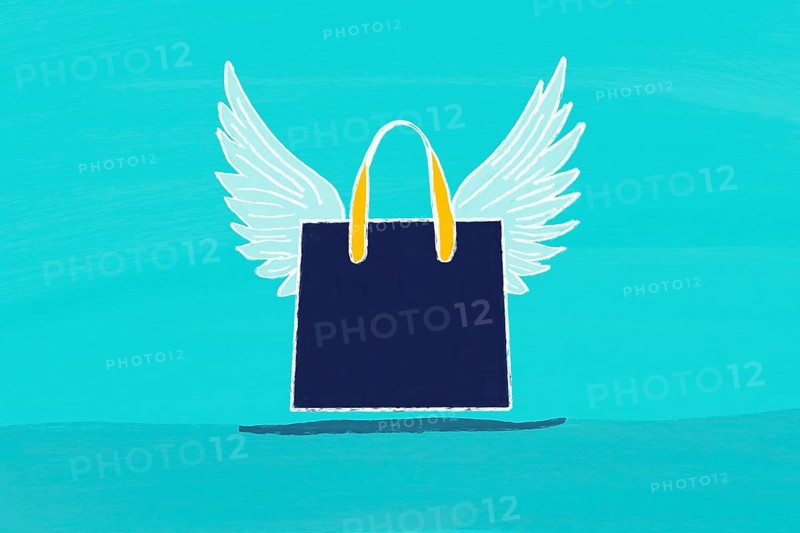 A whimsical illustration of a shopping bag with wings, symbolizing fast delivery and express shipping. The bright colors and playful design convey speed and efficiency