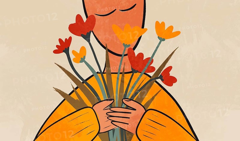 A stylized illustration of a person gently holding a bouquet of vibrant red, yellow, and orange flowers The warm tones and minimalistic design evoke feelings of joy and serenity