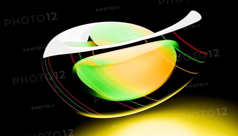 A dynamic, abstract digital illustration with bright green, orange and yellow hues on a dark background Soft curves and vibrant light give a sense of movement and modernity