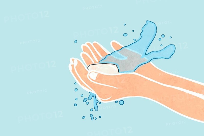 Illustrated depiction of handwashing, showing hands, soap, and water splashes Emphasizes hygiene and health awareness Ideal for promoting cleanliness and well-being