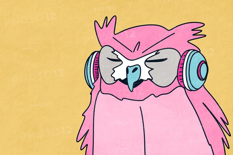 This vibrant illustration features a pink owl with closed eyes wearing headphones, set against a mustard yellow background The whimsical design evokes a sense of calm