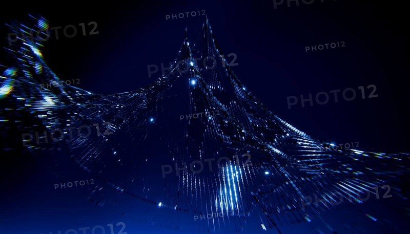 A mesmerizing 3D illustration depicting a wave of binary code, illuminated against a deep blue background. This digital artwork embodies futuristic and technological concepts