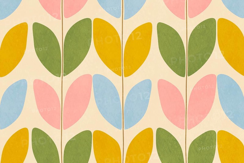 A vibrant abstract background featuring a symmetrical leaf pattern in retro pastel colors. Ideal for wallpapers, fabric designs, and decorative art projects emphasizing a nostalgic aesthetic