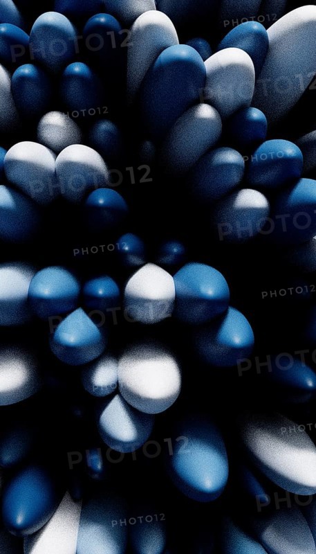 A digital composition featuring tightly packed spheres in varying shades of blue, creating an abstract, textural 3D render