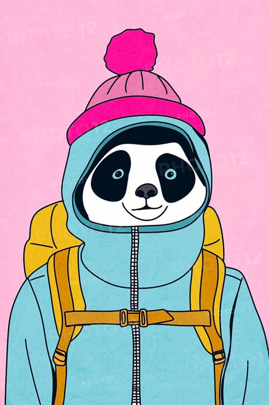 A playful illustration of a panda in a blue winter jacket and pink beanie, carrying a yellow backpack The background is a soft pink, adding a touch of whimsy