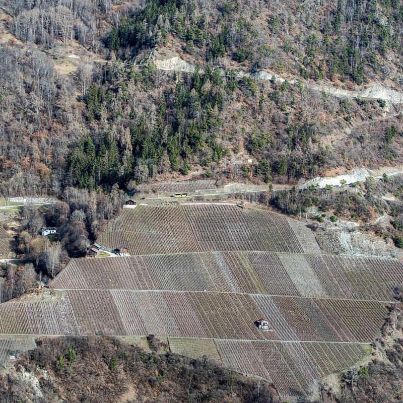 A breathtaking aerial view of Swiss farmland with neatly arranged fields against a rugged hillside. The earthy tones and sparse vegetation suggest a late autumn or early winter season