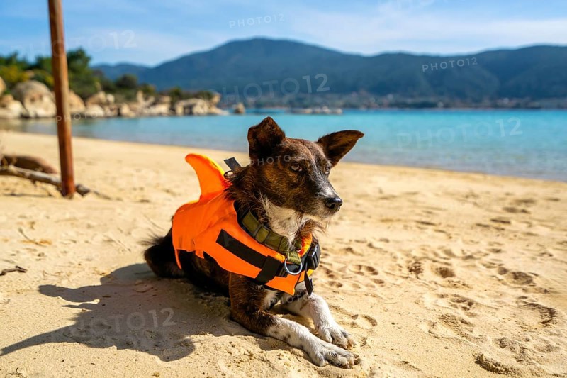 A dog wearing a bright orange life jacket relaxes on a pristine sandy beach in Greece, with clear blue waters and lush, mountainous scenery in the background