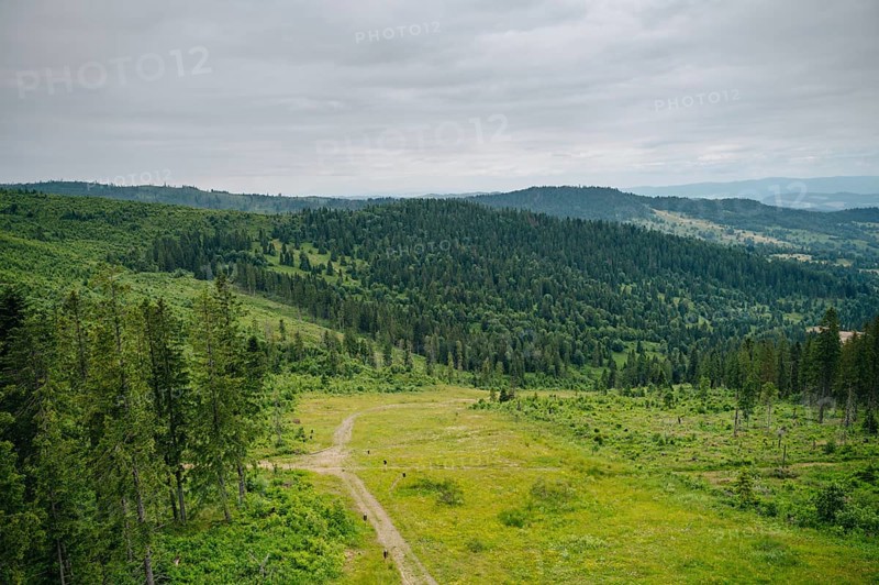 Panoramic view of Bachledka Ski & Sun area located in Zdiar, opposite the Belianske Tatras in Slovakia, showcasing lush green meadows and dense forests under an overcast sky