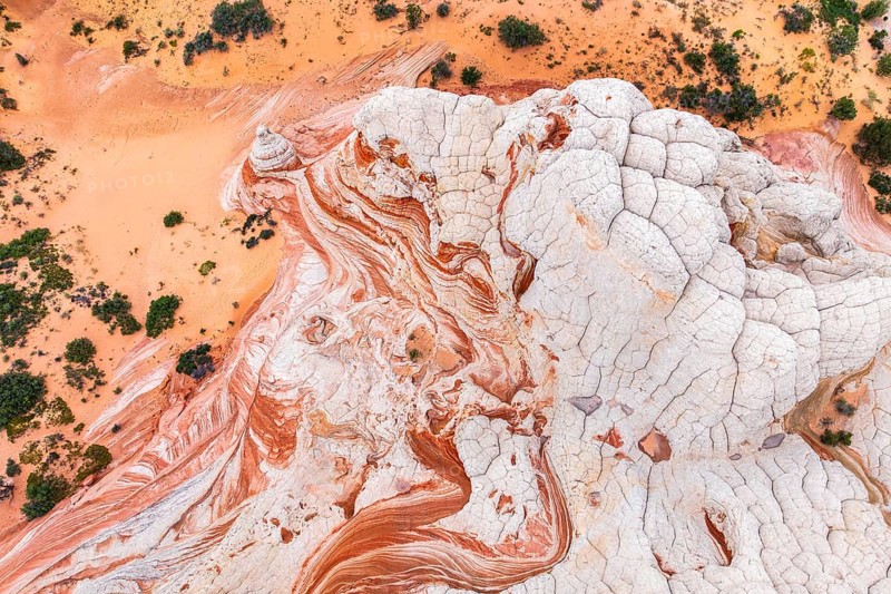 Aerial view captures white sandstone formations contrasting with the orange desert landscape, showcasing textures and natural beauty in White Pocket. Vegetation is interspersed in Arizona, USA