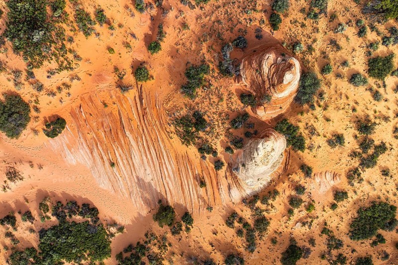Aerial shot showcases a desert landscape with unique rock formations and contrasting vegetation in White Pocket. The rich orange and brown tones create a striking visual effect in Arizona, USA