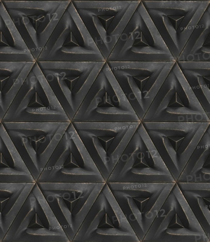This 3D geometric pattern features intricate triangular shapes in a repetitive layout, perfect for wallpaper design. The dark hues add depth and sophistication