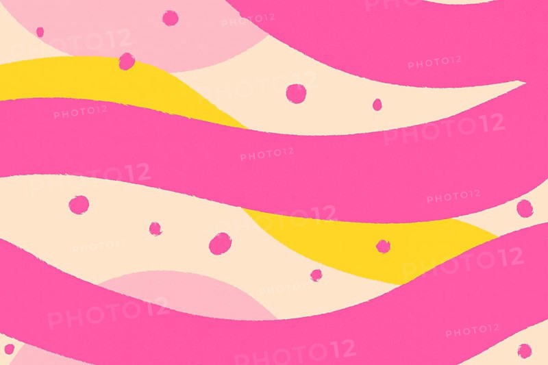 An abstract illustration featuring waves of pink and yellow with pink accents and scattered circles
