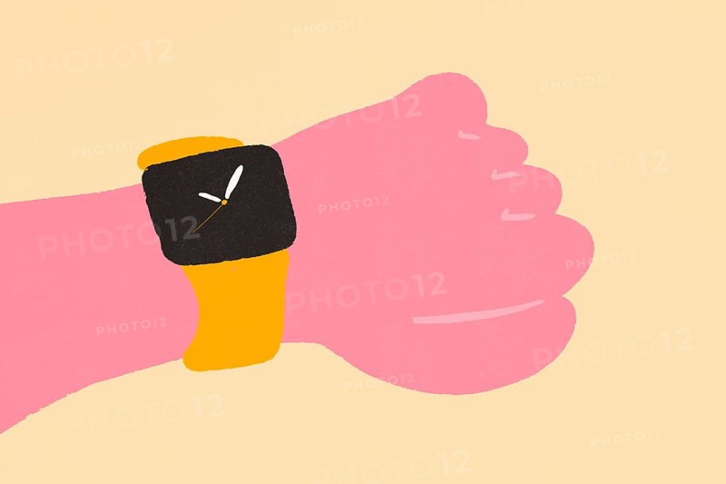 A minimalist illustration of a cartoon-style hand wearing a black watch against a dual-tone pink background