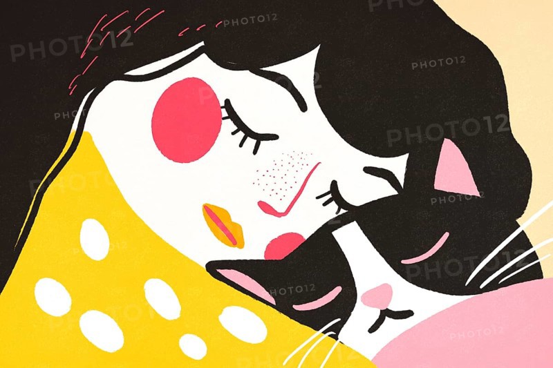 An evocative artistic illustration portraying an intimate moment of affection between a black cat and a woman, characterized by soft, stylized lines and gentle pastel colors