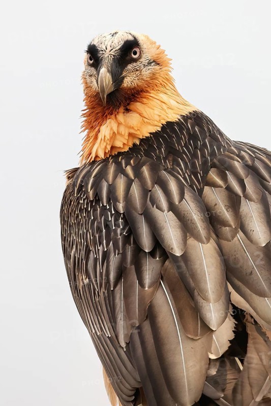 A close-up of a bearded vulture in the Pyrenees, displaying intricate plumage. The bird's striking appearance and natural habitat highlight its majestic presence