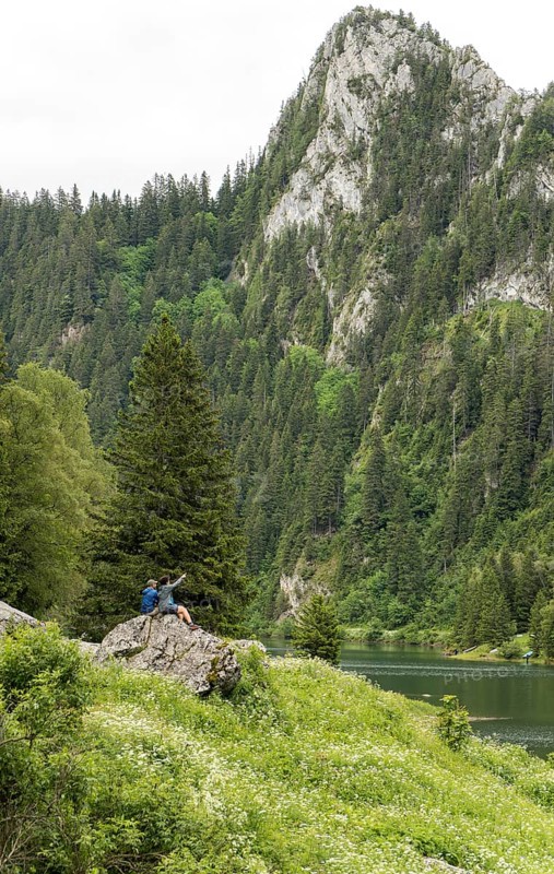A picturesque view of Lake Taney in Switzerland, highlighting its lush green forests, a calm lake, and towering mountains Sitting on a rock are two nature lovers and adventure seekers