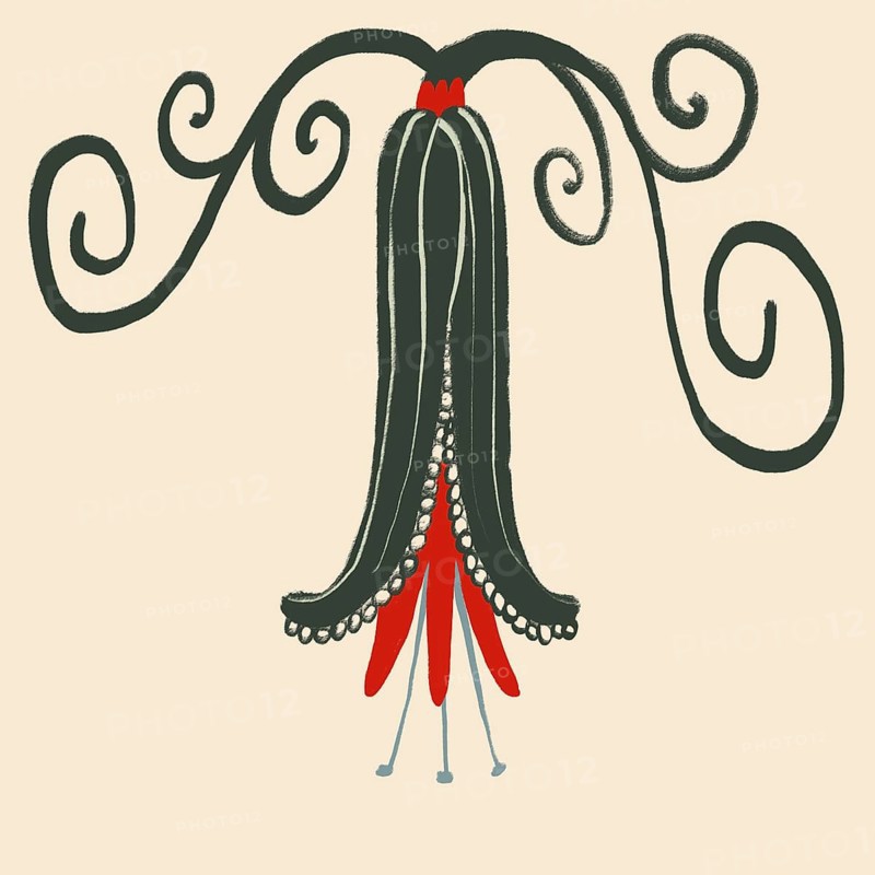 This image features a creative floral illustration with elegant green tendrils and intricate red and grey ornaments against a soft beige background