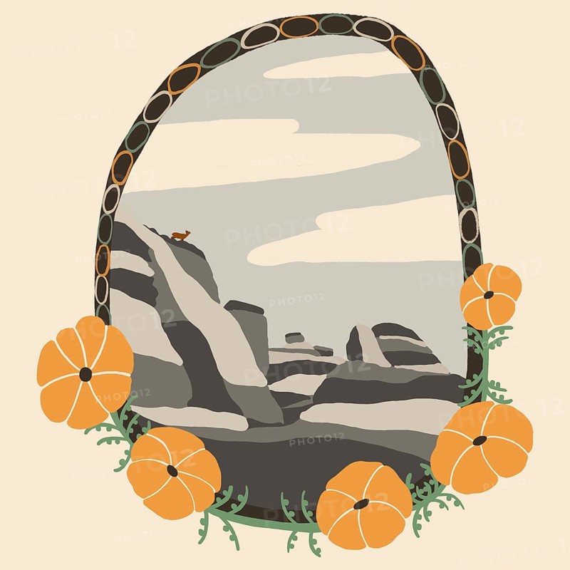 Abstract desert art featuring a stylized animal on rocky terrain, surrounded by a decorative frame with orange flowers. Perfect for nature and art lovers